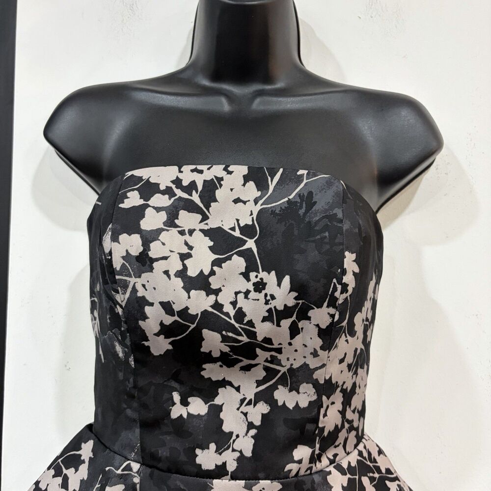 H&M Strapless Black Gray Floral Peplum Dress Size 4 Cocktail Lined - Picture 3 of 4